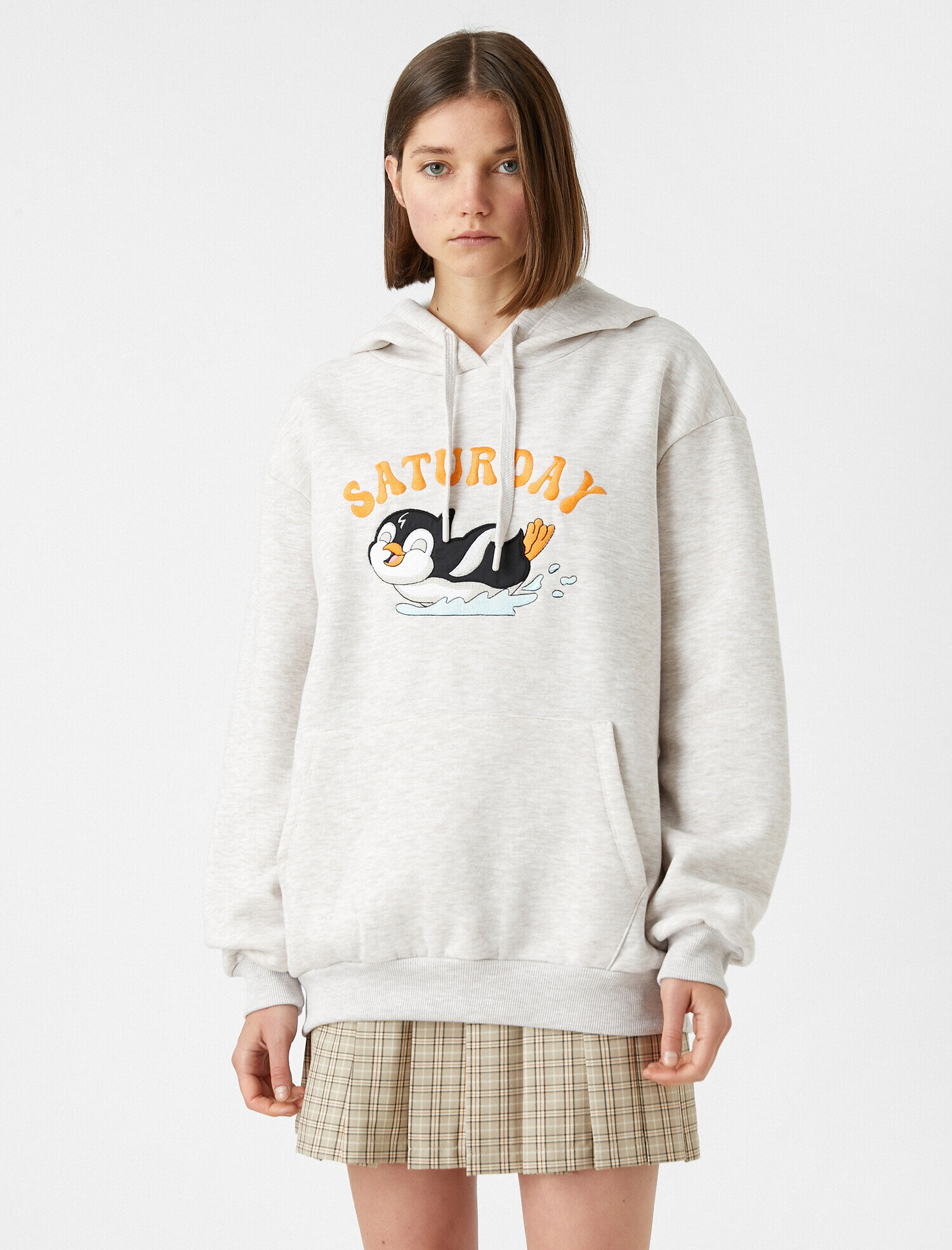   Baskılı Oversize Sweatshirt Kapüşonlu Cepli İçi Polarlı