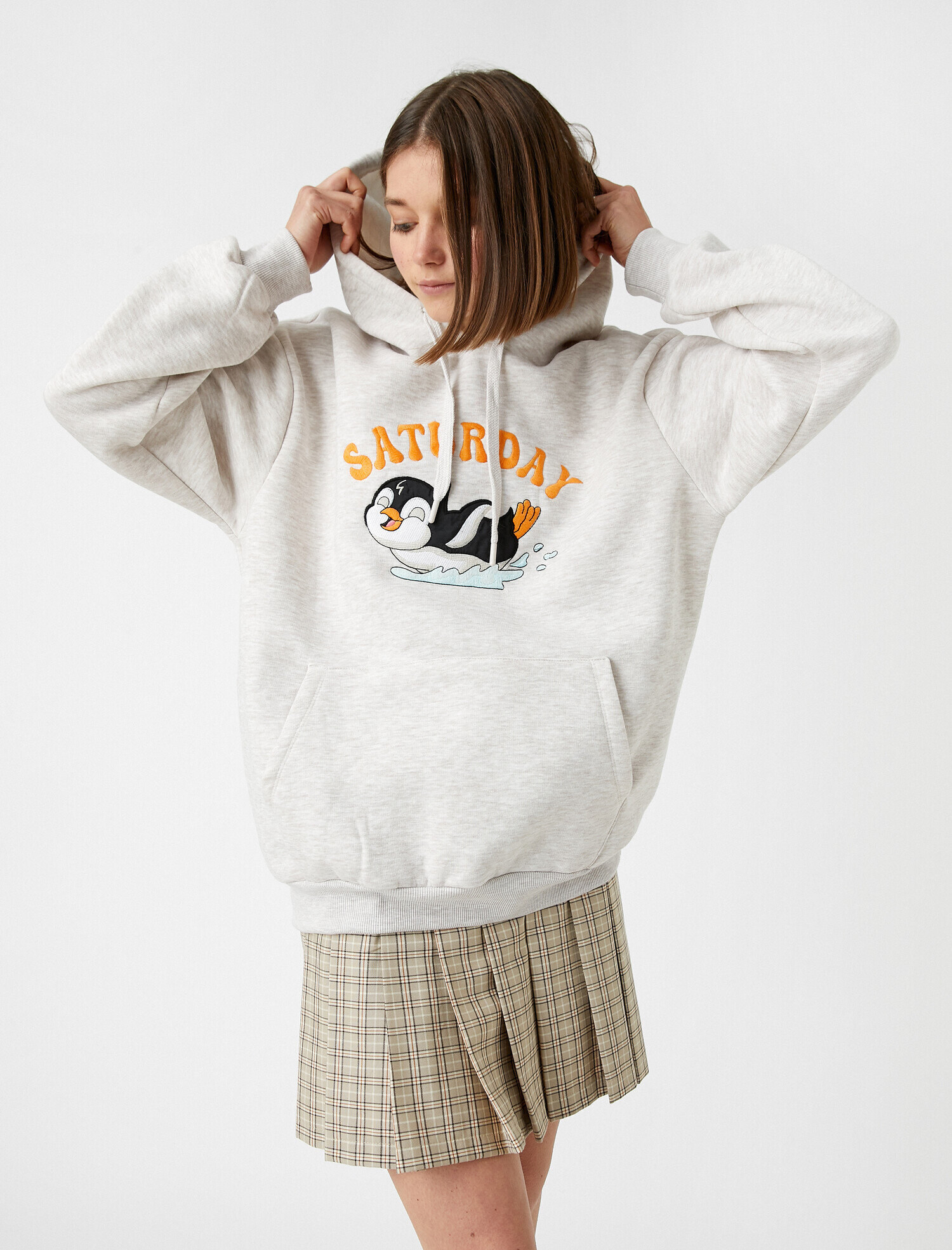   Baskılı Oversize Sweatshirt Kapüşonlu Cepli İçi Polarlı