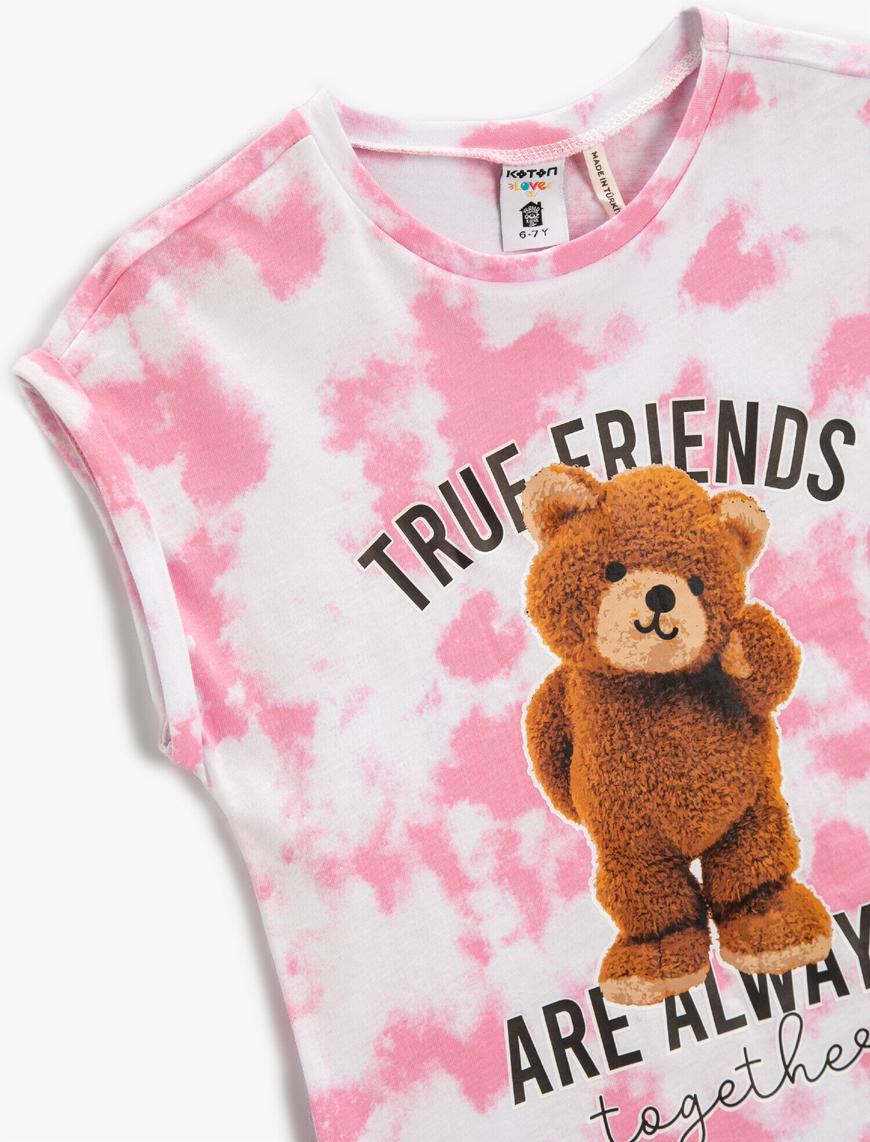  Kız Çocuk Teddy Bear Baskılı Tişört Batik Desenli Kolsuz Pamuklu