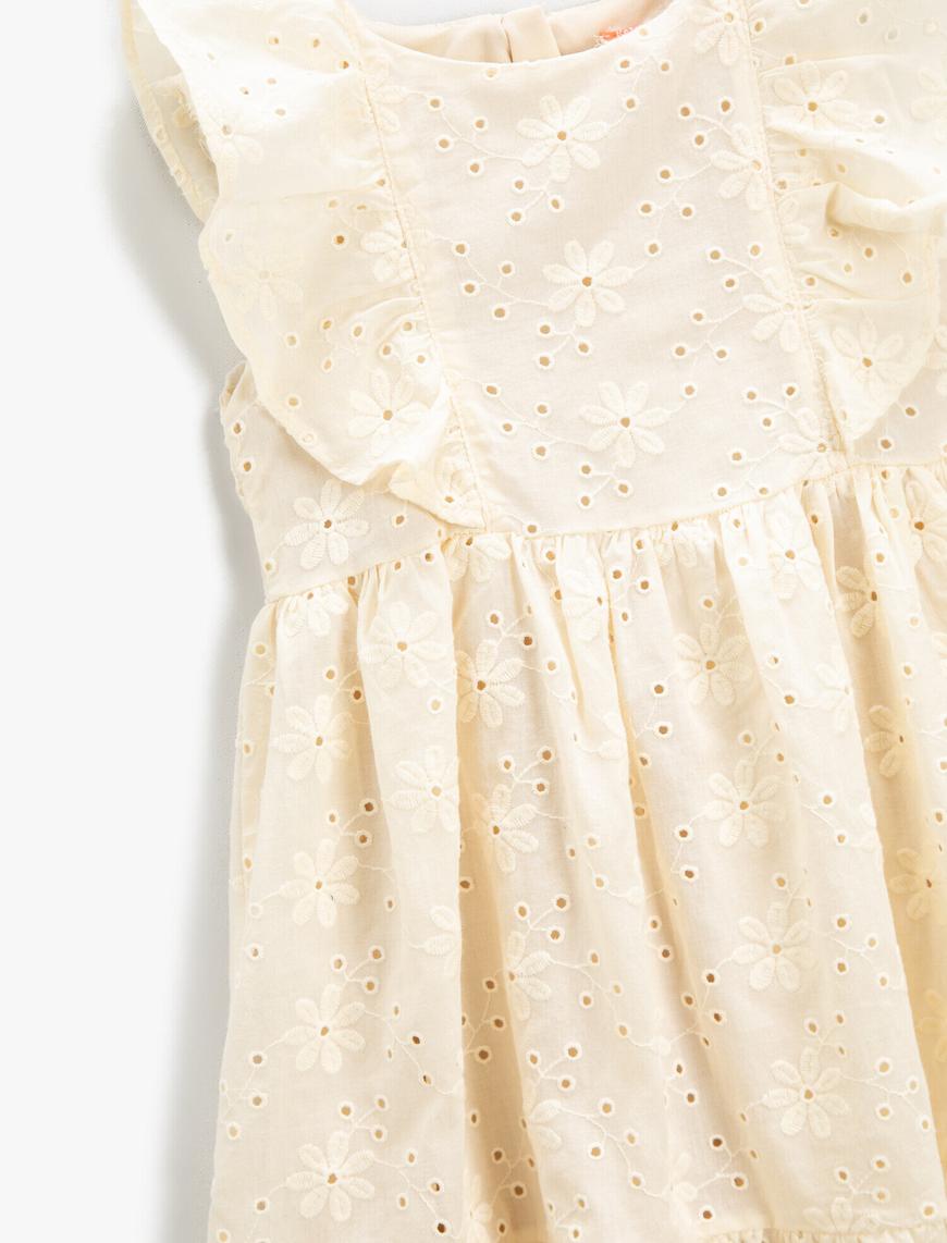 Kız Bebek Elbise Fisto İşlemeli Midi Fırfırlı Pamuklu