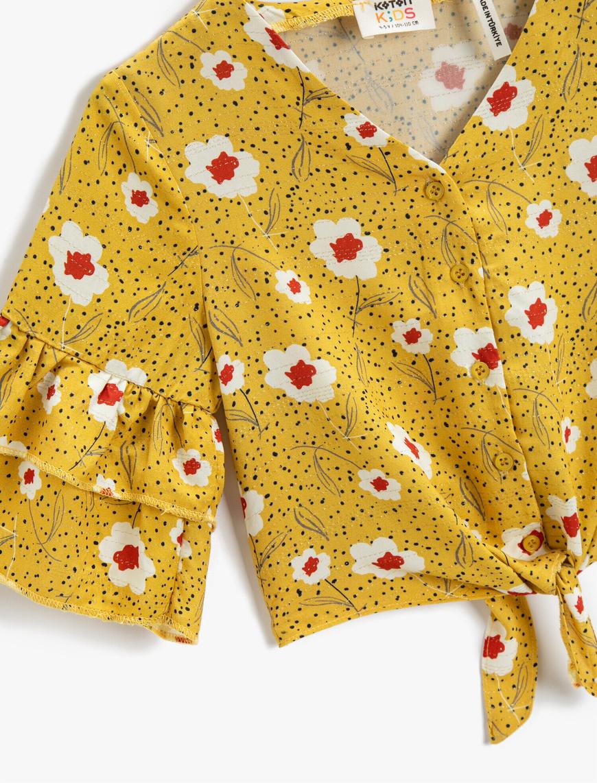  Kız Çocuk Crop Bluz Çiçekli Kısa Kollu Fırfırlı Beli Bağlama Detaylı