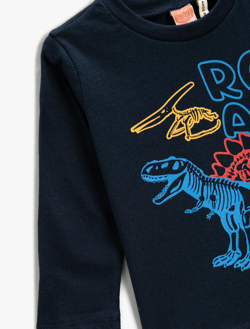  Erkek Bebek Dinozor Baskılı Tişört Uzun Kollu Bisiklet Yaka Pamuklu