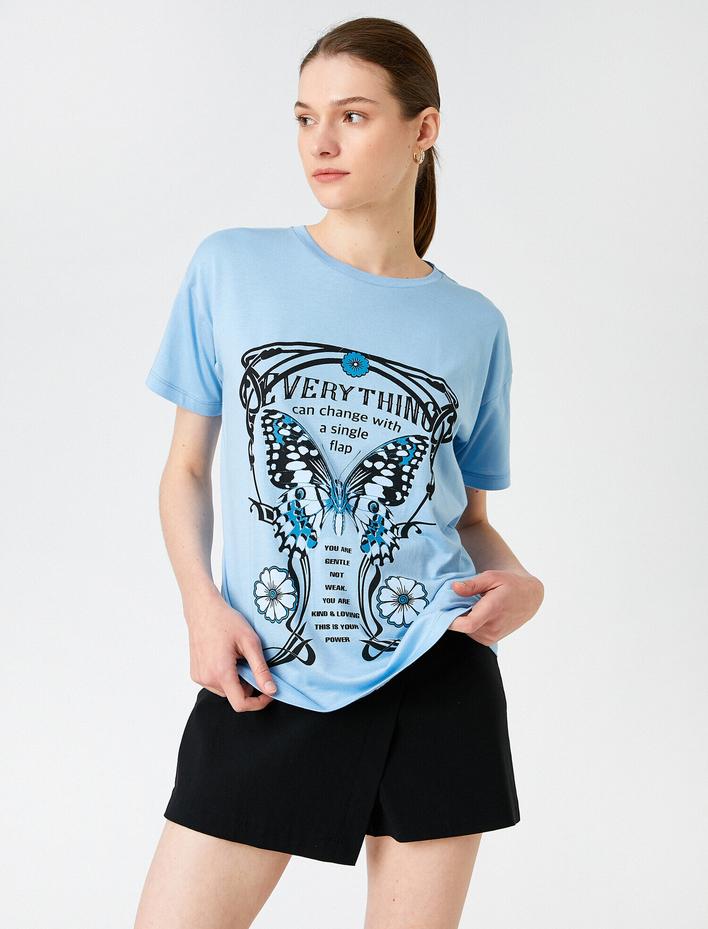  Baskılı Tişört Kısa Kollu Bisiklet Yaka Modal Karışımlı