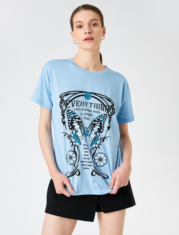  Baskılı Tişört Kısa Kollu Bisiklet Yaka Modal Karışımlı