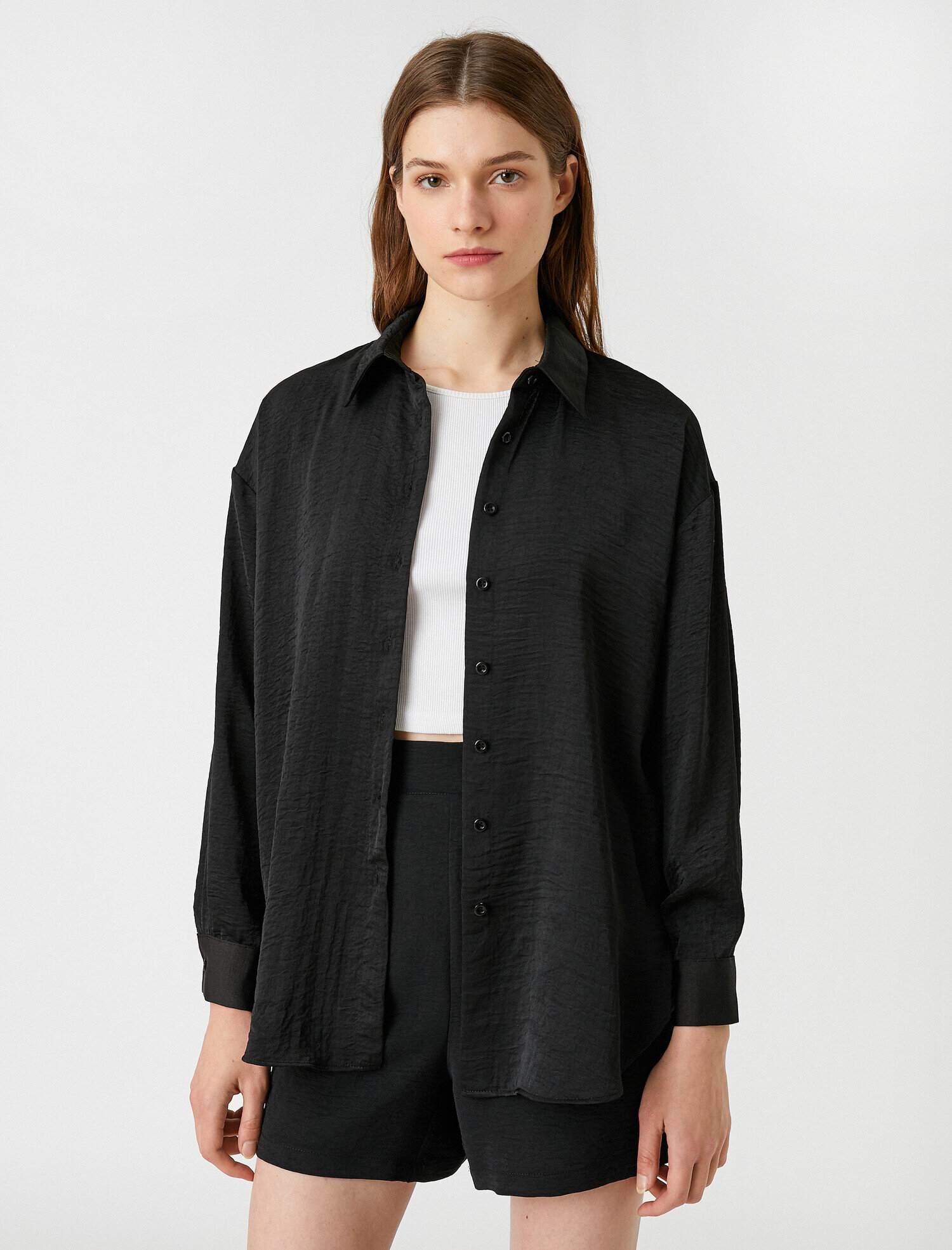   Oversize Gömlek Uzun Kollu Saten Görünümlü