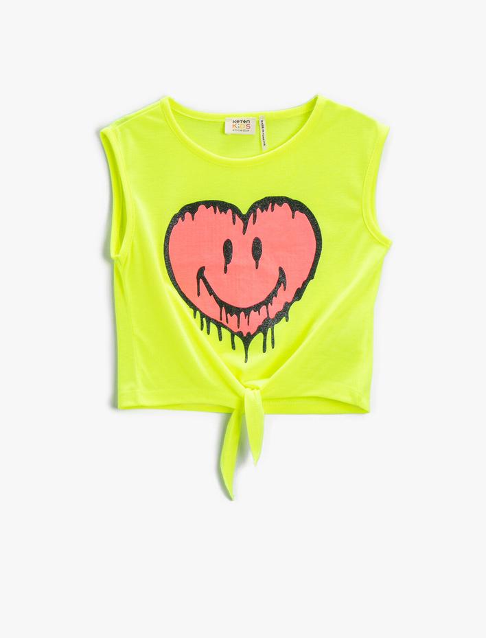 Kız Çocuk Baskılı Crop Tişört Önü Bağcıklı Bisiklet Yaka