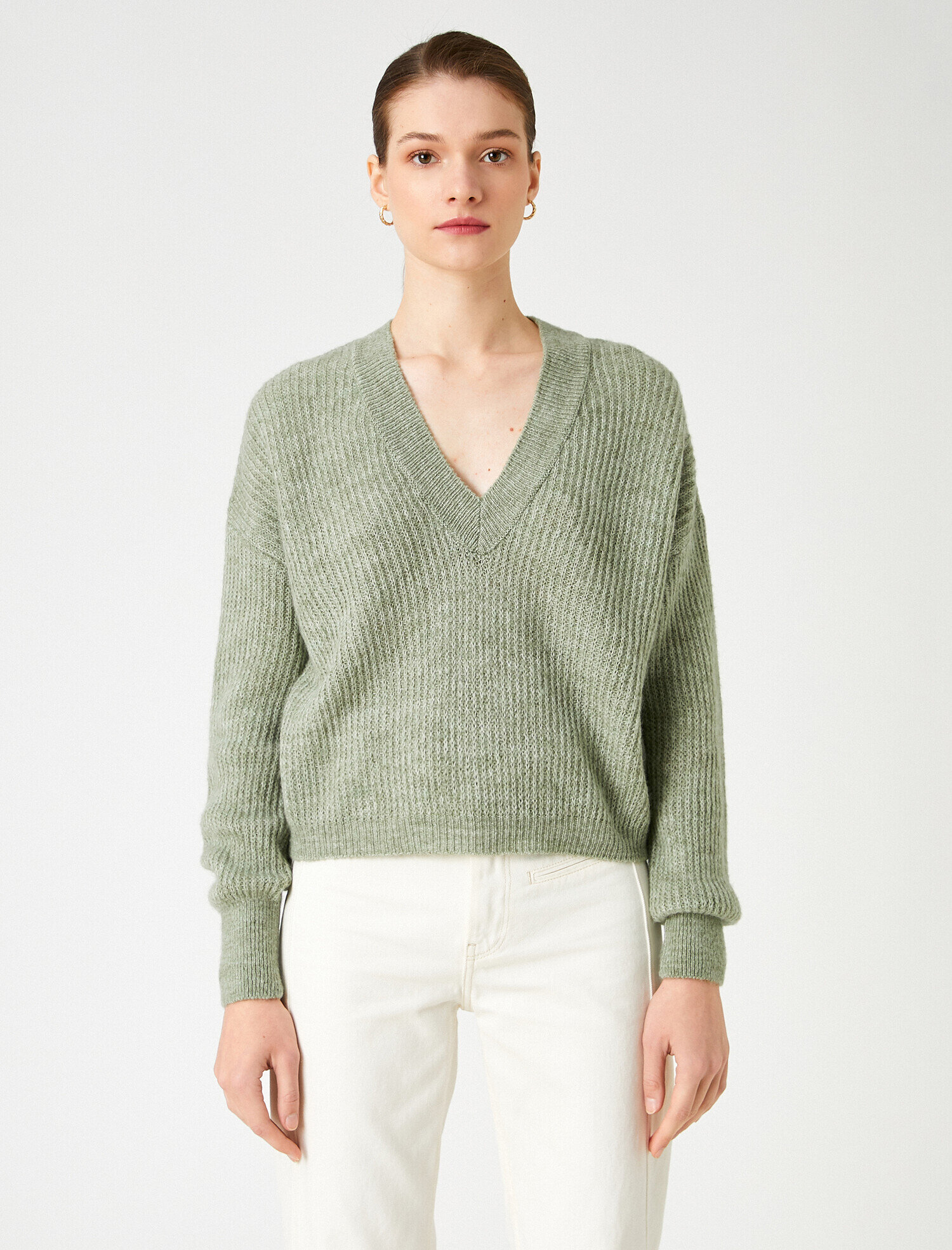   Crop Triko Kazak V Yaka Uzun Kollu