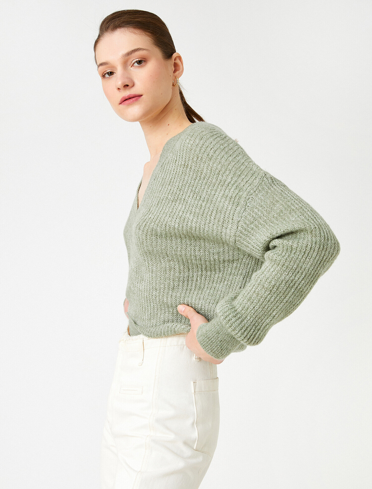   Crop Triko Kazak V Yaka Uzun Kollu