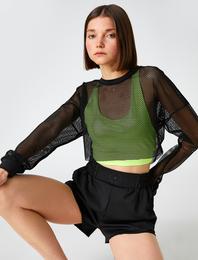Crop Fileli Tişört Uzun Kollu Bisiklet Yaka
