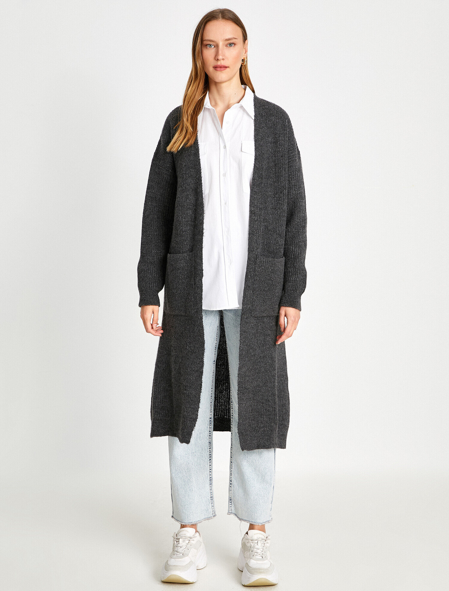   Uzun Dokuma Hırka Cepli Uzun Kollu