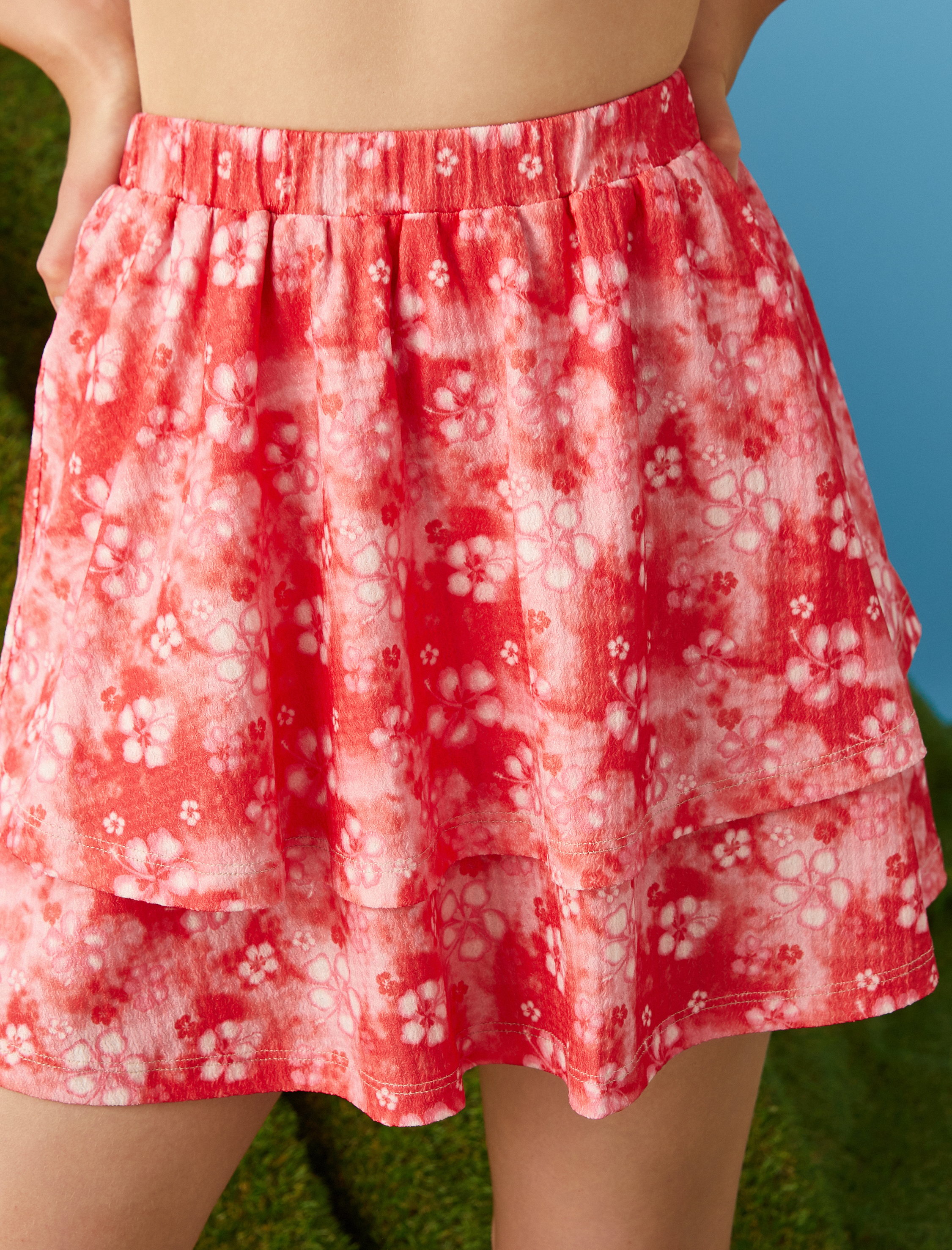   Çiçek Baskılı Volanlı Mini Etek