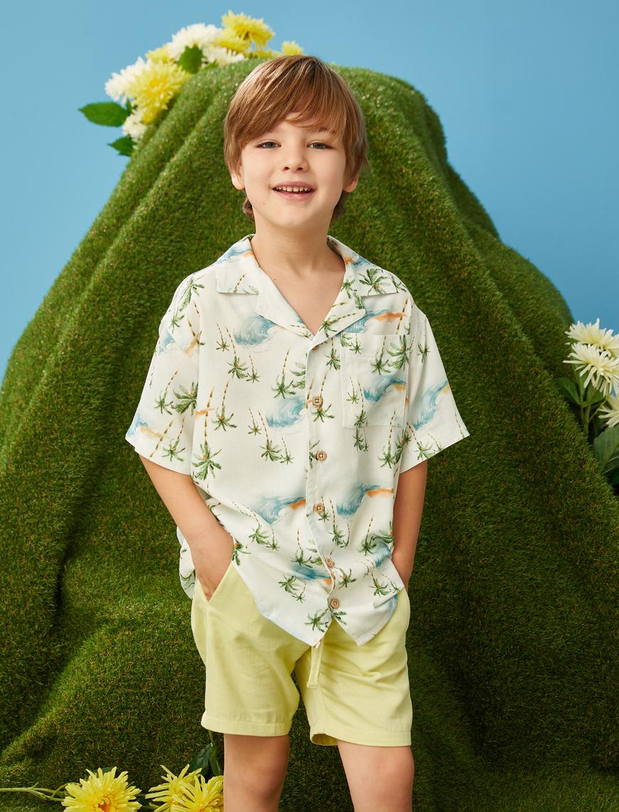  Erkek Çocuk Kısa Kollu Gömlek Palmiye Desenli Cep Detaylı