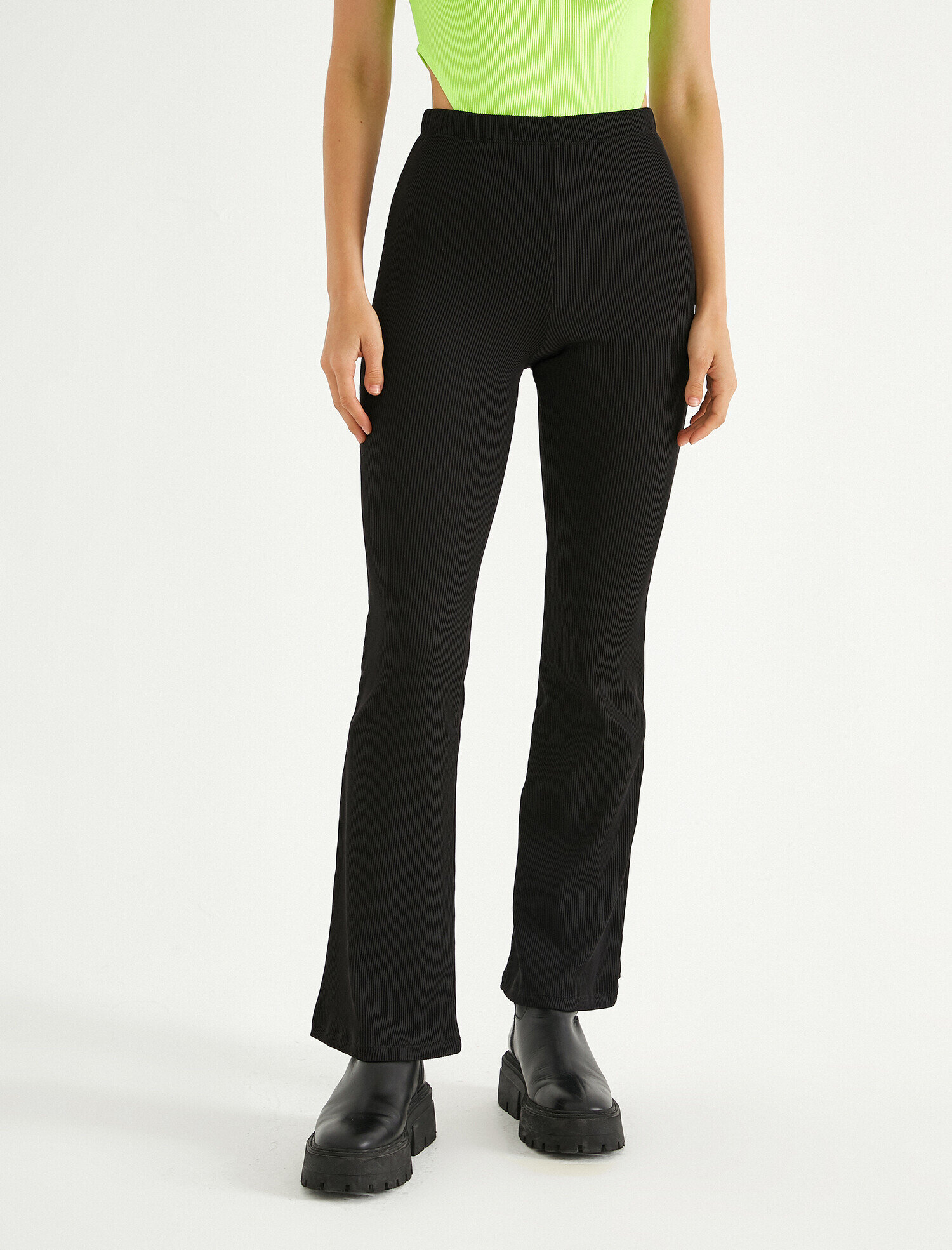   İspanyol Paça Pantolon Yüksek Bel Fitilli