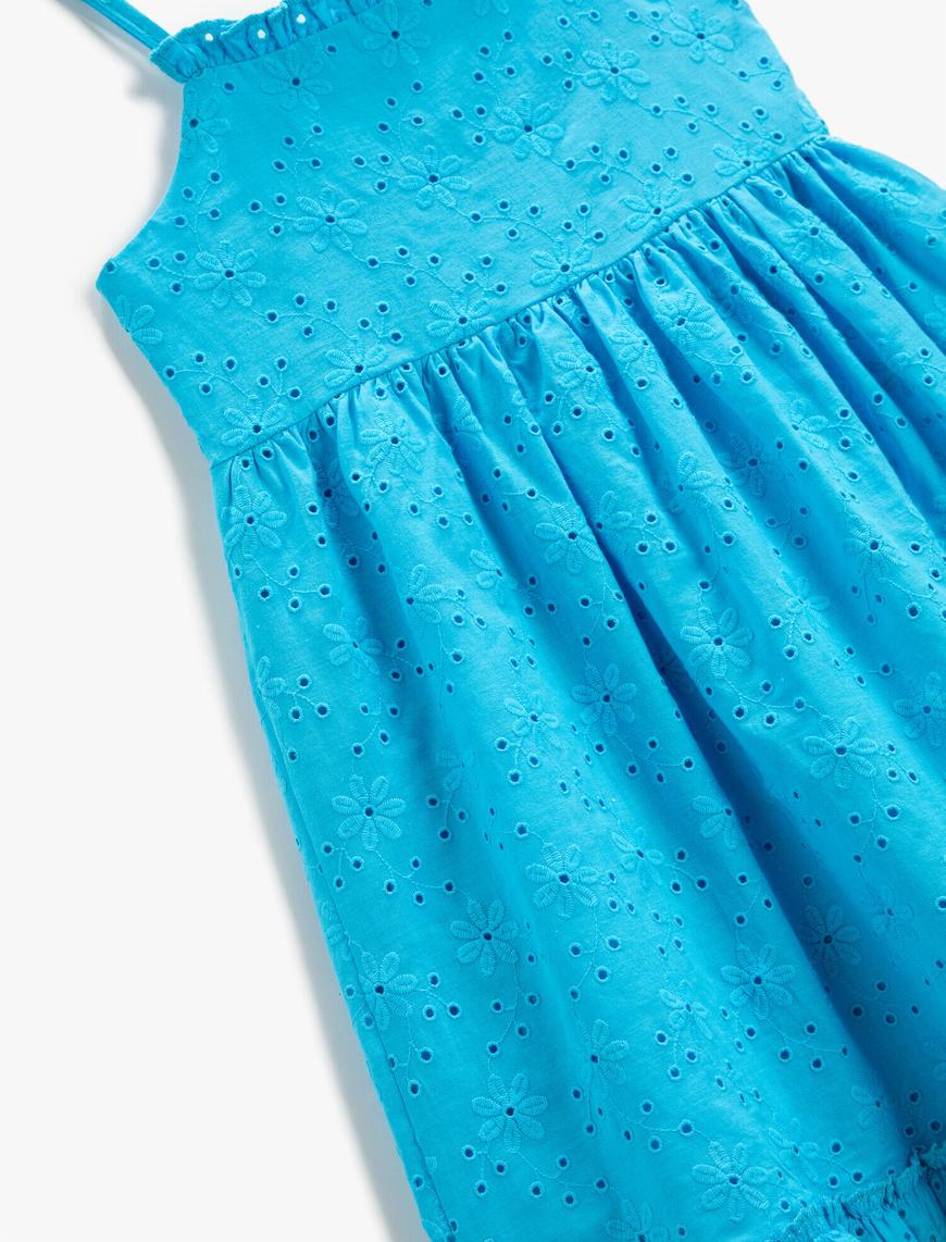  Kız Çocuk Elbise Fisto İşlemeli Midi Fırfır Detaylı Pamuklu