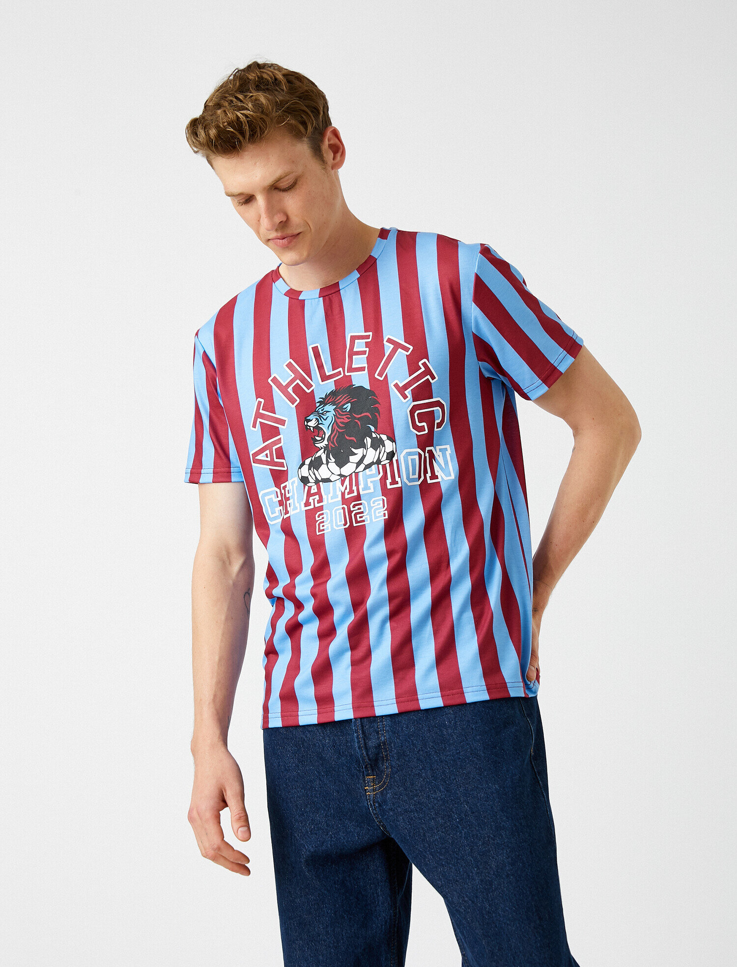   Şampiyon Baskılı Çizgili Tişört