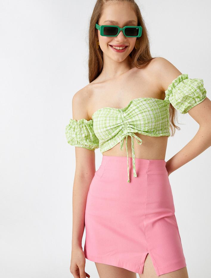  Omzu Açık Büstiyer Ekose Büzgülü