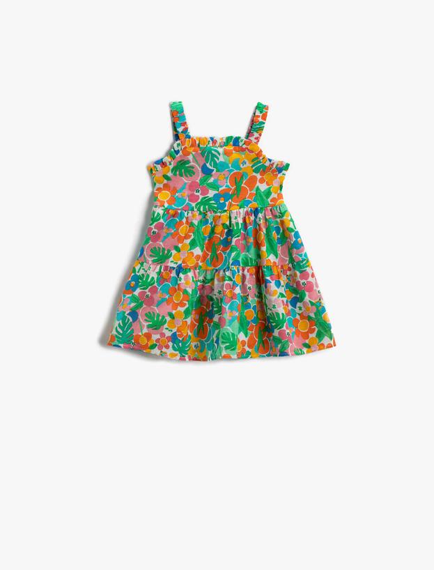  Kız Bebek Çiçekli Elbise Fırfırlı Sırtı Lastik Detaylı Pamuklu