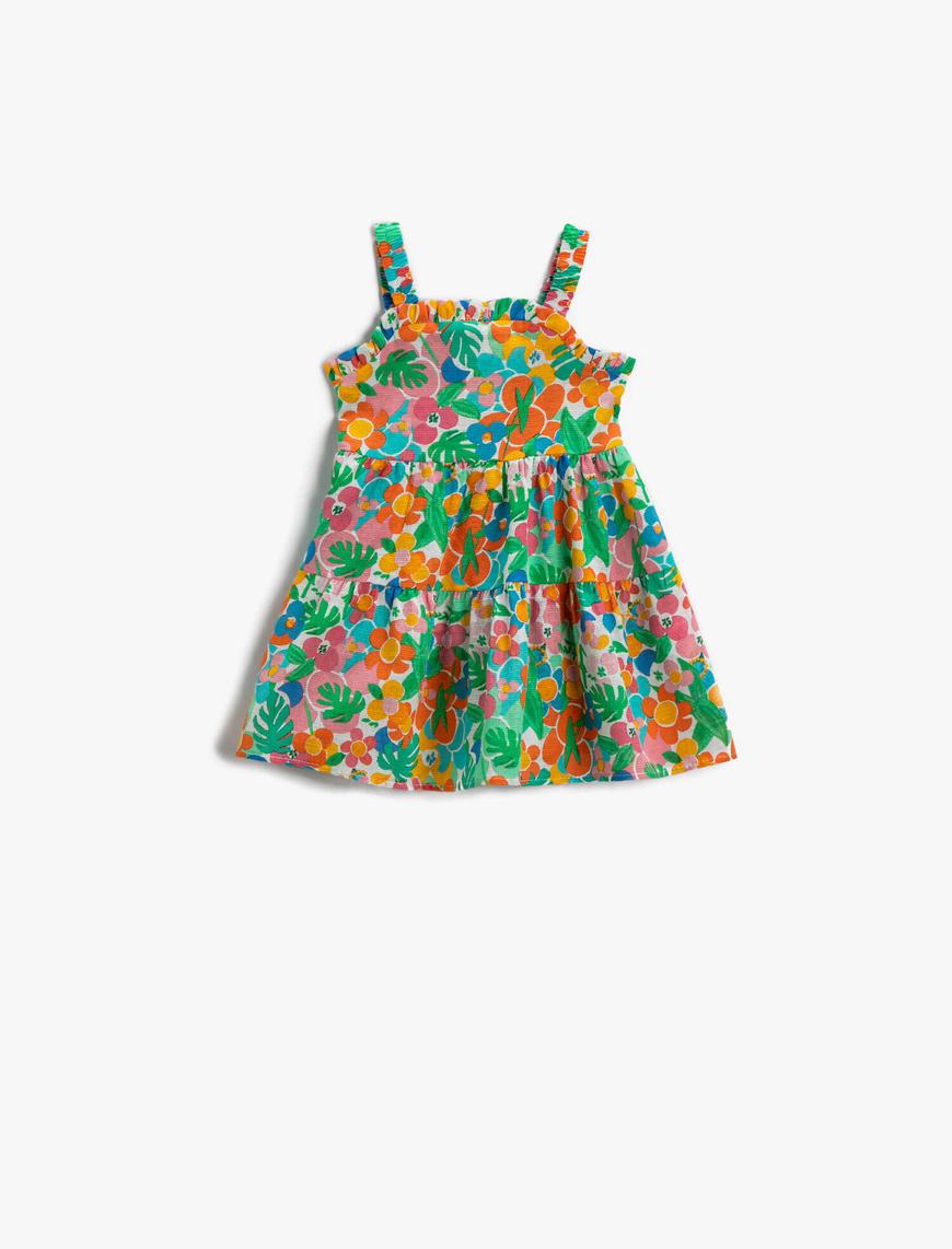  Kız Bebek Elbise Çiçekli Fırfırlı Sırtı Lastik Detaylı Pamuklu
