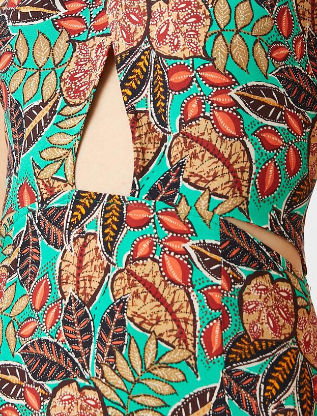 Halter Yaka Maksi Elbise Yaprak Desenli Pencere Detaylı_5