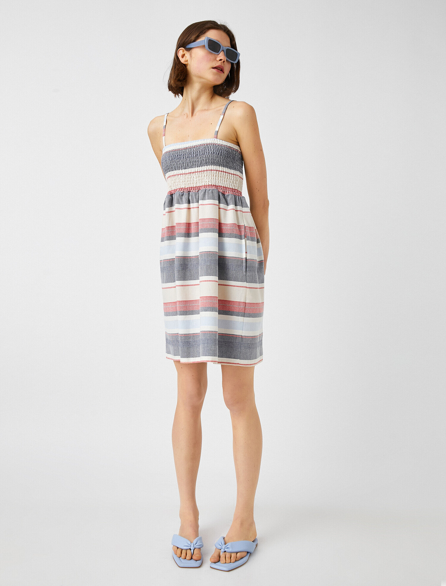   Çizgili Elbise Askılı Cepli