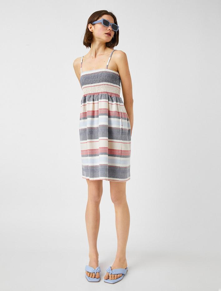  Çizgili Elbise Askılı Cepli