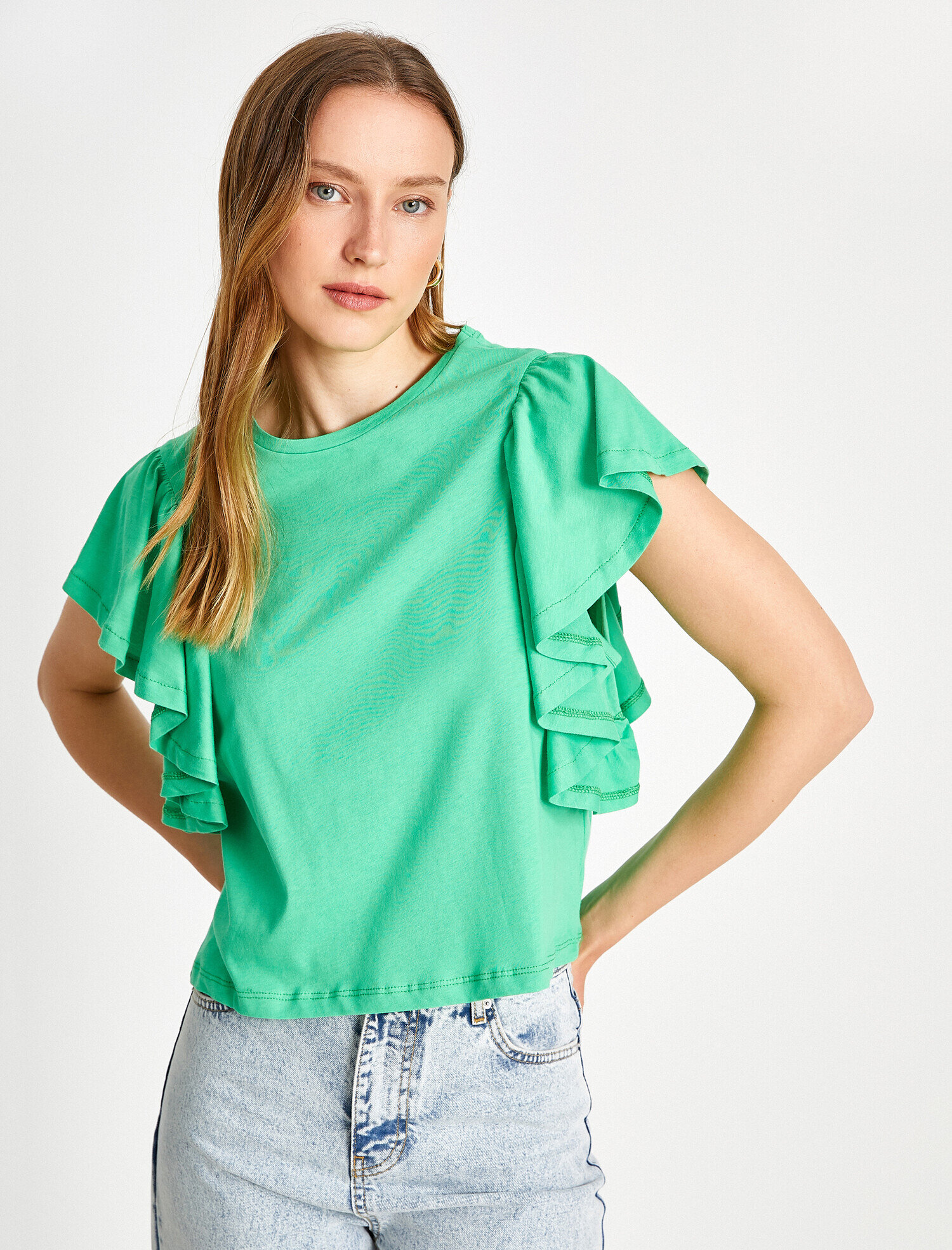   Fırfırlı Kısa Kollu Tişört Pamuklu