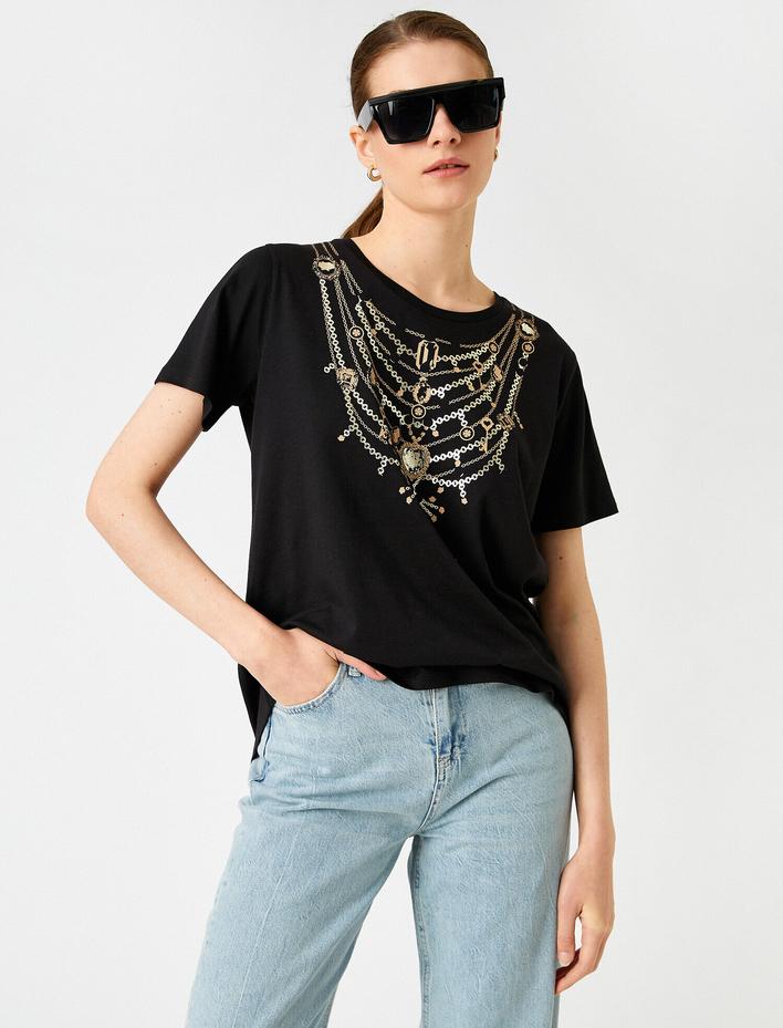  Mücevher Baskılı Tişört Modal Karışımlı