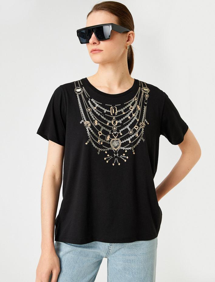  Mücevher Baskılı Tişört Modal Karışımlı