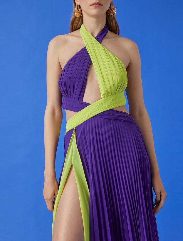  Ece Sükan X Koton - Renk Bloklu Pencere Detaylı Yırtmaçlı Elbise