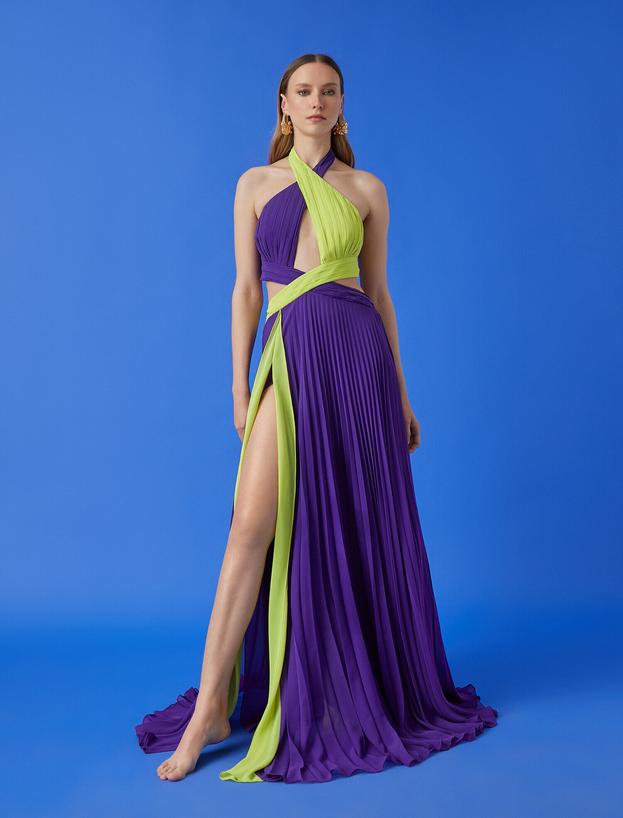  Ece Sükan X Koton - Renk Bloklu Pencere Detaylı Yırtmaçlı Elbise