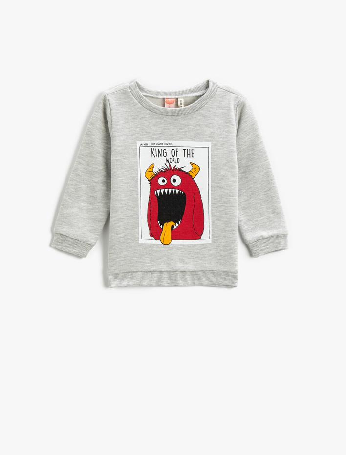 Erkek Bebek Sweatshirt Canavar Baskılı Bisiklet Yaka