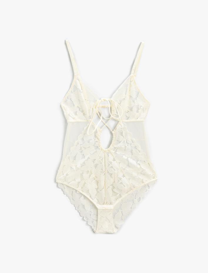  Pencere Detaylı Büzgülü Bridal Bodysuit