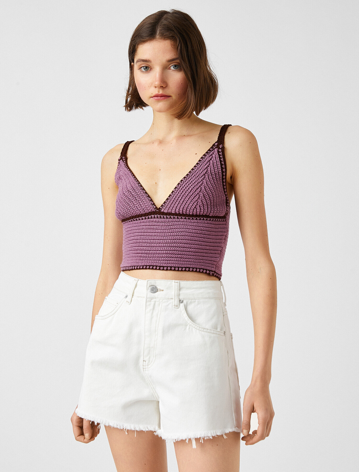   Örme Crop Üst Askılı V Yaka