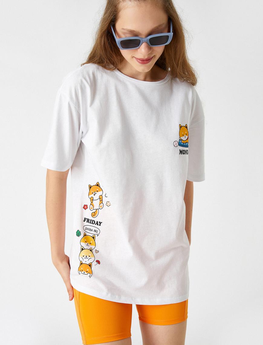 トップス c... Ekru Crop Tişört Kedi Baskılı Bisiklet Yaka Slim Fit Kısa Kollu
