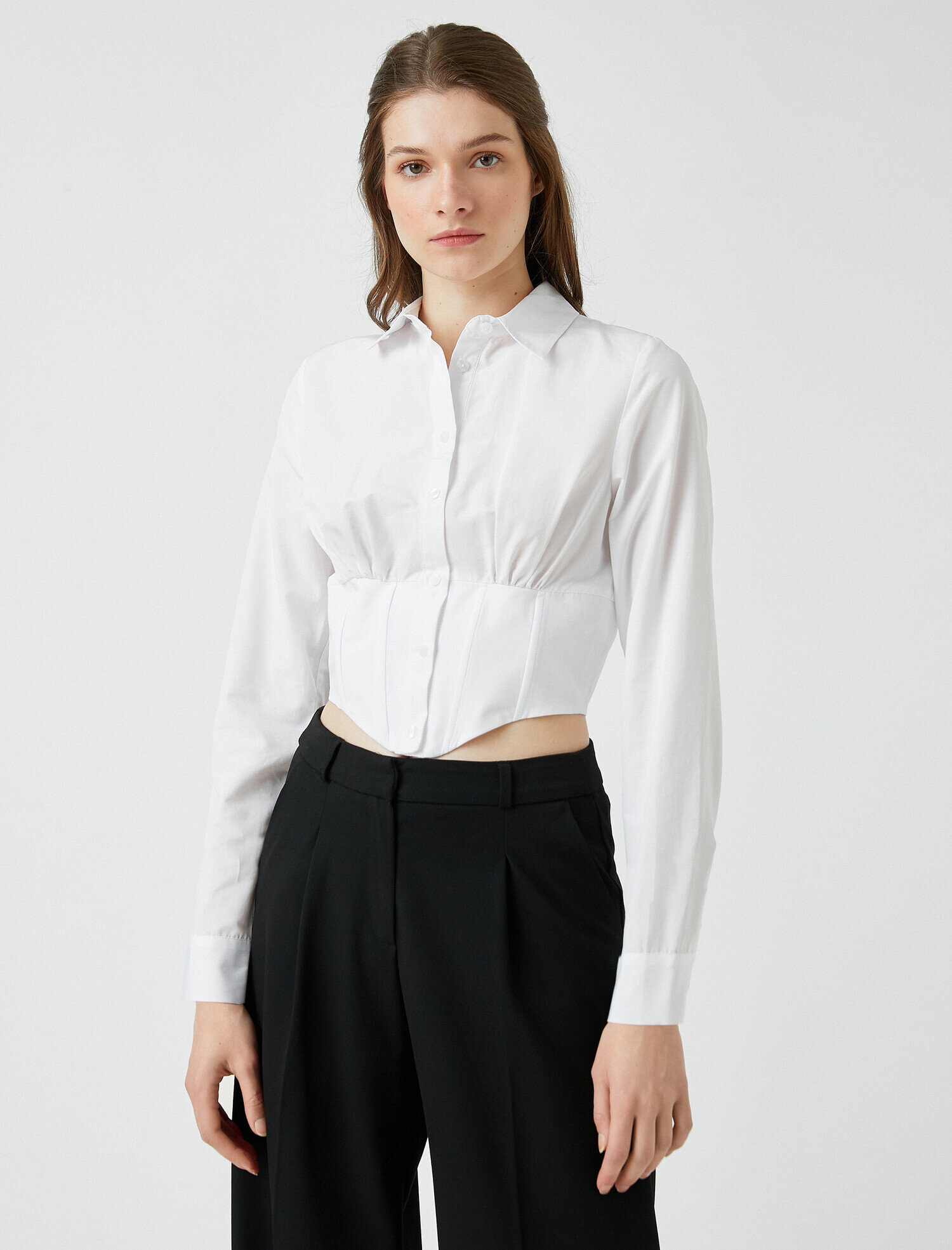   Crop Poplin Gömlek Uzun Kollu Bel Detaylı