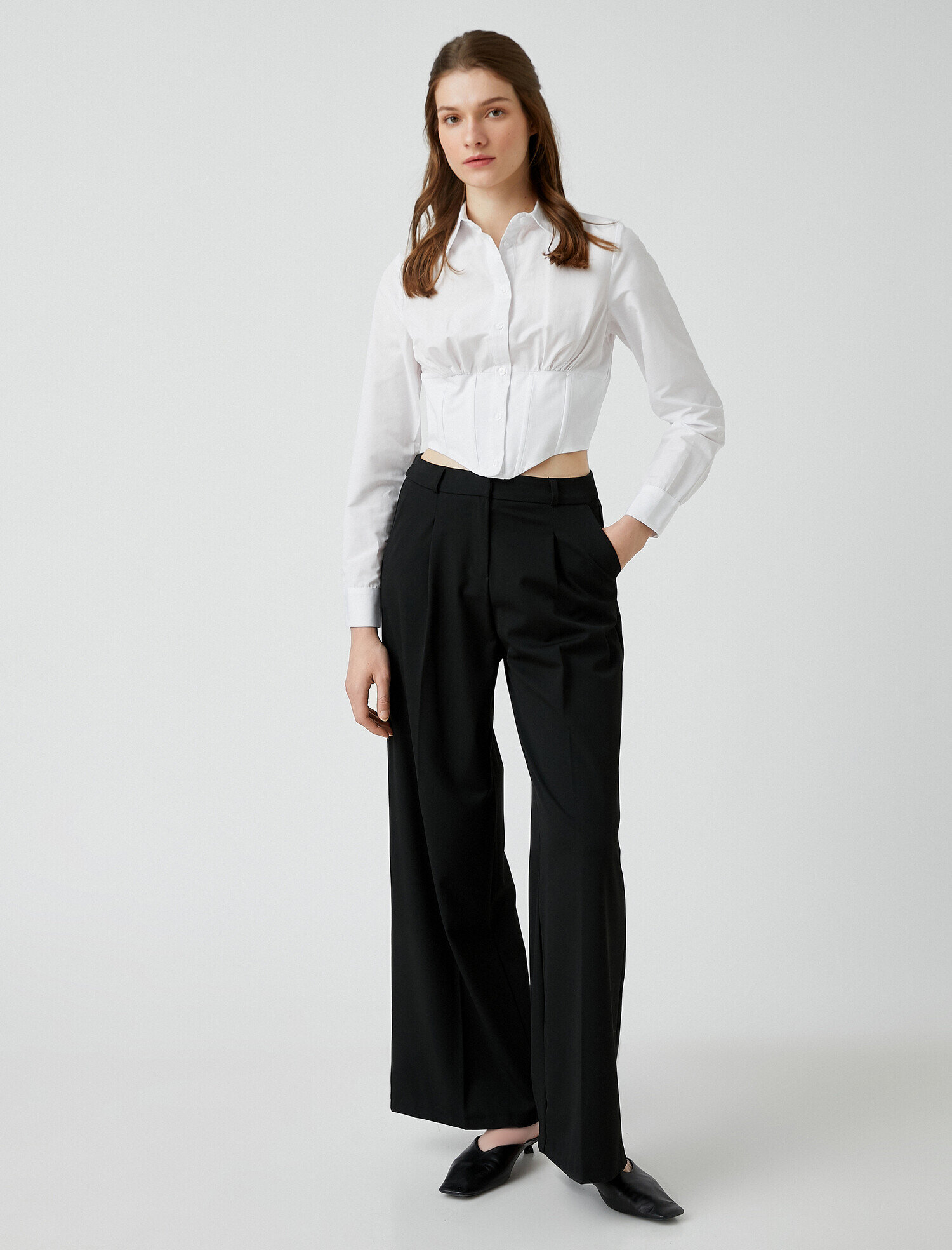   Crop Poplin Gömlek Uzun Kollu Bel Detaylı