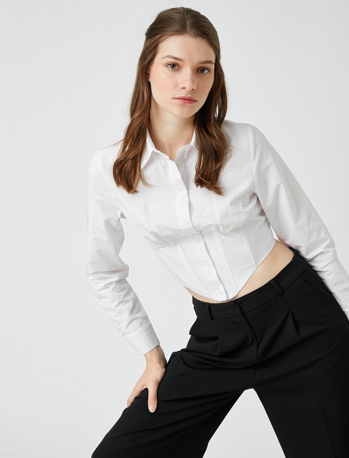  Crop Poplin Gömlek Uzun Kollu Bel Detaylı