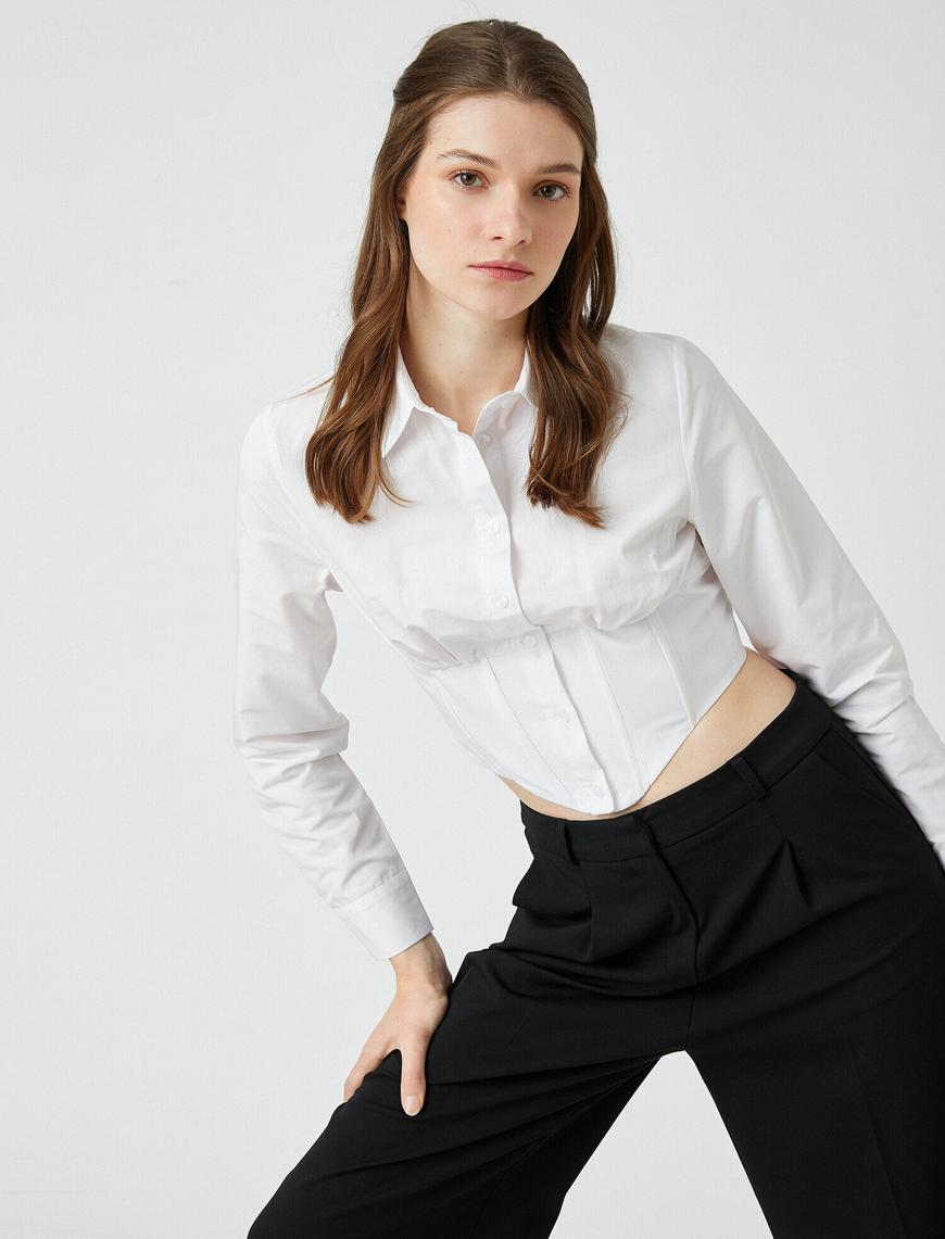   Crop Poplin Gömlek Uzun Kollu Bel Detaylı