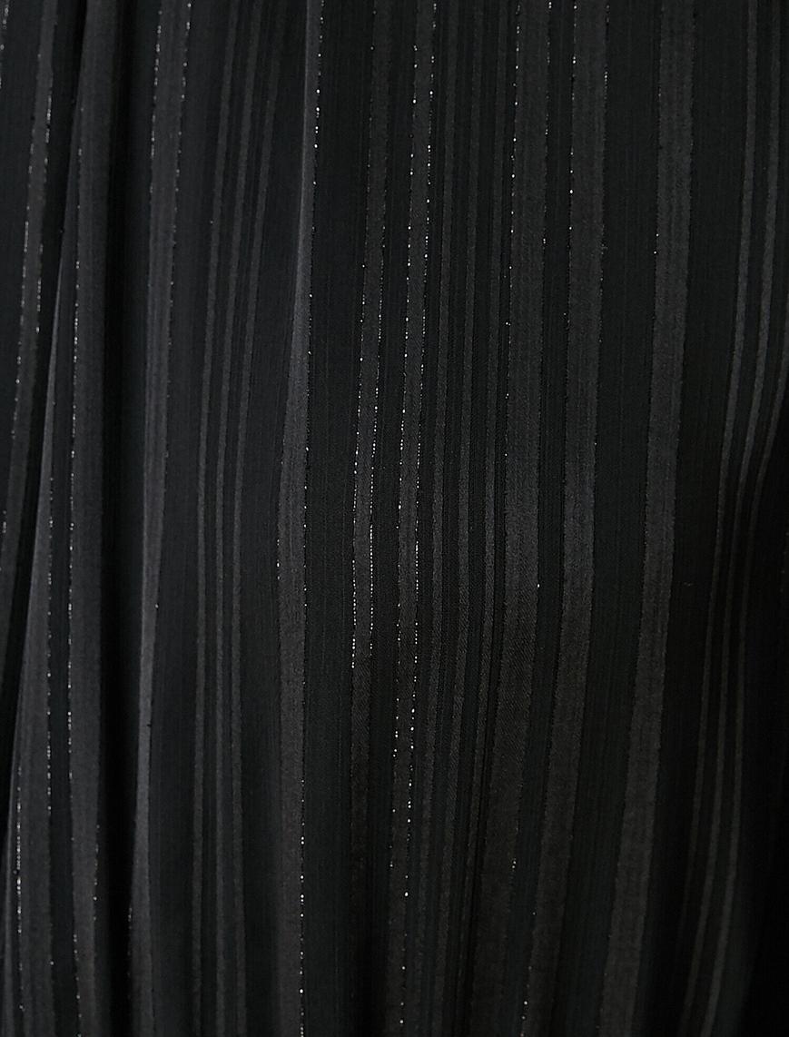   Fırfır Detaylı Uzun Abiye Elbise Uzun Kollu Simli Çizgili