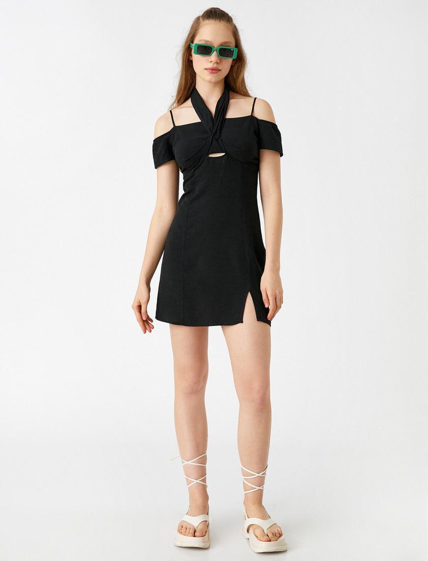   Mini Elbise Omzu Açık Yırtmaçlı Pencere Detaylı Keten Karışımlı Fiyonk Detaylı