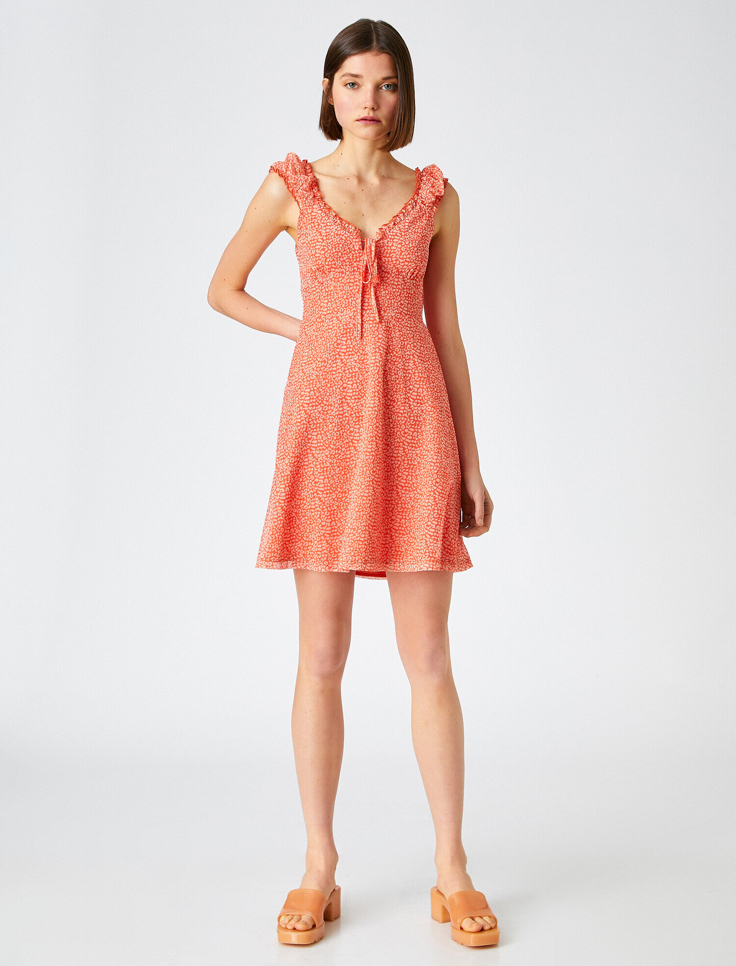   Desenli Mini Elbise Kolsuz V Yaka