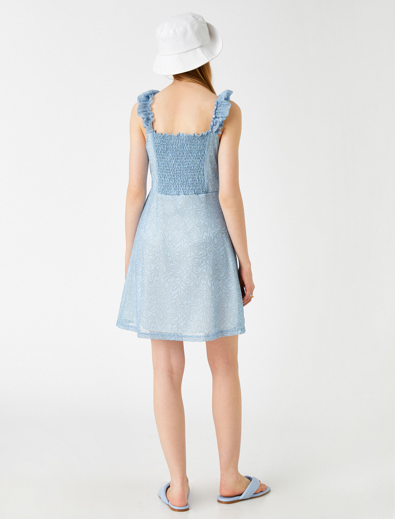   Desenli Mini Elbise Kolsuz V Yaka