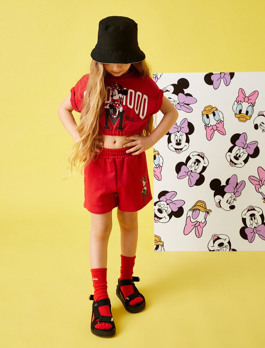  Kız Çocuk Minnie Mouse Baskılı Crop Tişört Lisanslı Beli Lastikli