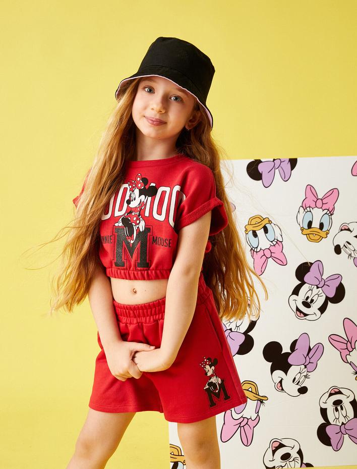 Kız Çocuk Minnie Mouse Baskılı Crop Tişört Lisanslı Beli Lastikli