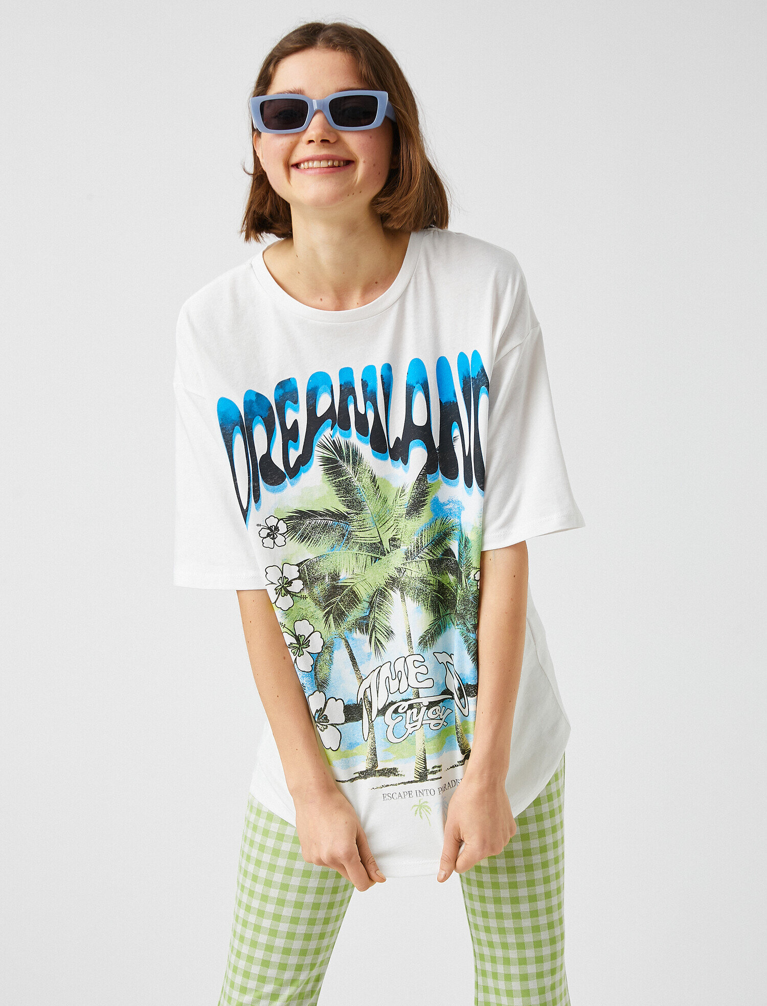 Palmiye Baskılı Tişört Kısa Kollu Bisiklet Yaka