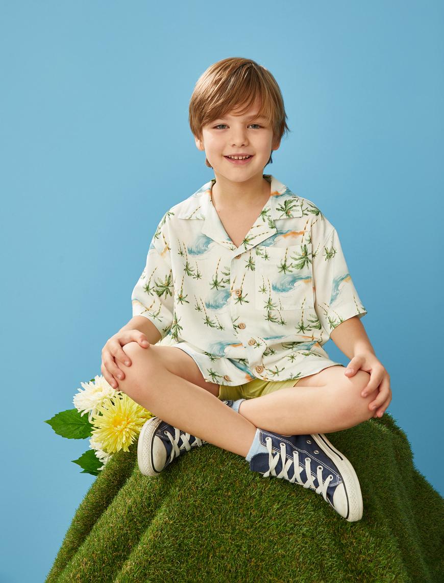  Erkek Çocuk Kısa Kollu Gömlek Palmiye Desenli Cep Detaylı