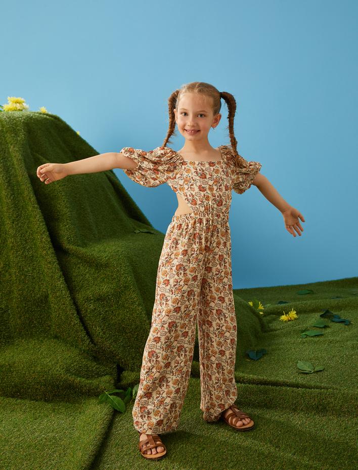 Kız Çocuk Tulum Pencere Detaylı Balon Kollu