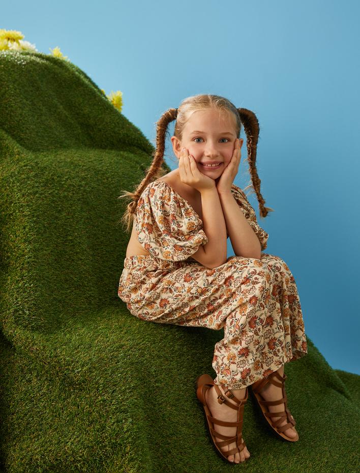 Kız Çocuk Tulum Pencere Detaylı Balon Kollu