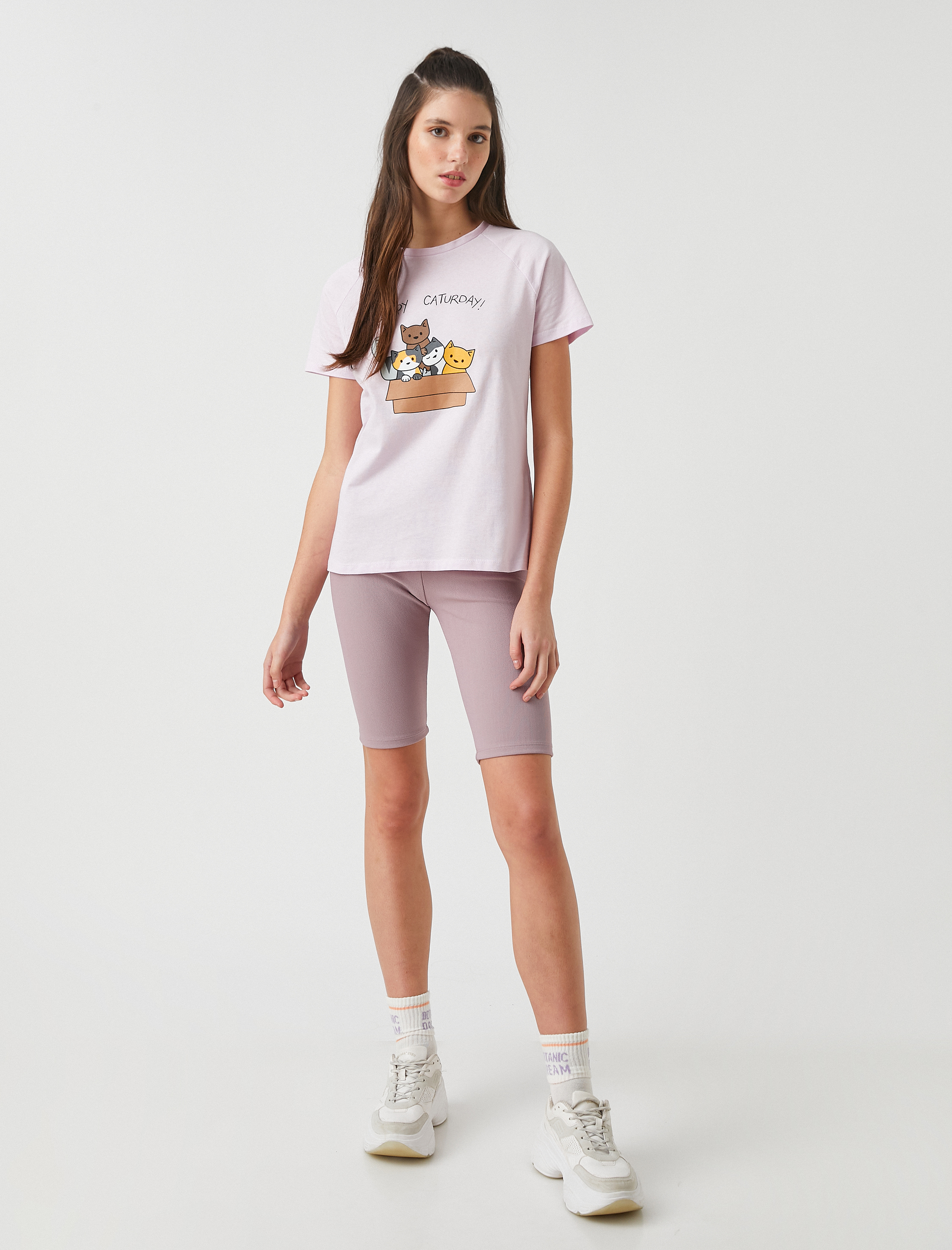 Kedi Baskılı Tişört Kısa Kollu