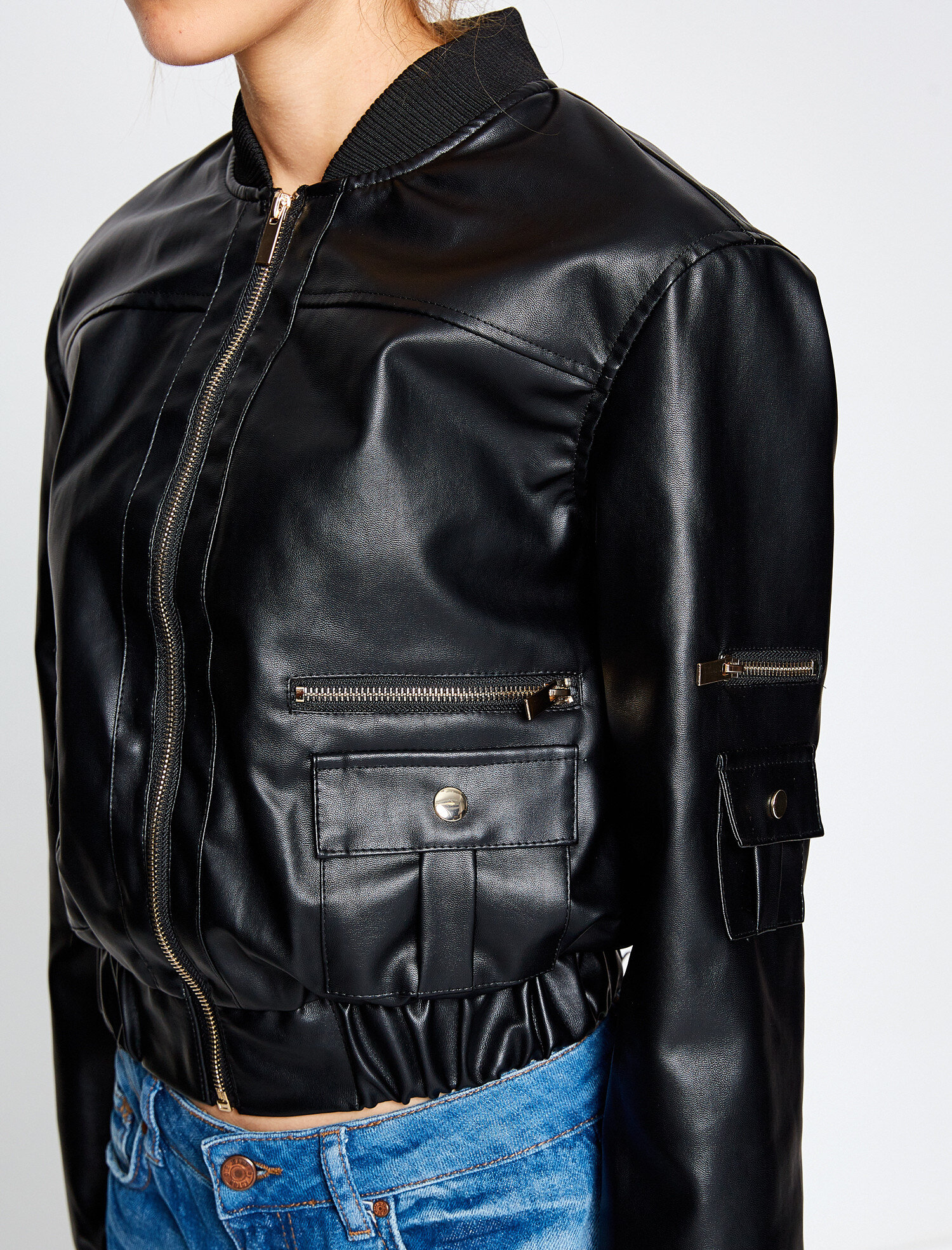   Deri Görünümlü Bomber Ceket